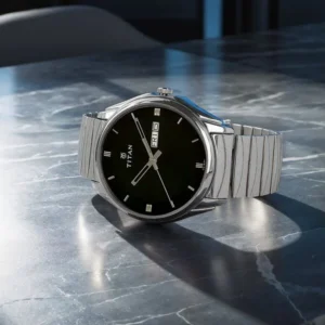 titan quartz analog with day and date black dial stainless steel strap watch for men